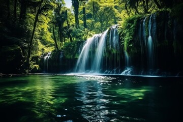 Enchanting Waterfall in Lush Green Forest, Sunlight Filtering Through Canopy, Creating Magical Play of Light and Shadow on Cascading Water Below, Breathtaking Sight of Natures Beauty