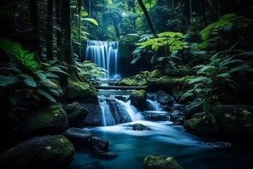 Breathtaking waterfall in lush green jungle with moss-covered rocks and ancient trees. Perfect for travel websites, nature blogs, or as a tranquil backdrop for videos and presentations.