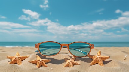 Fototapeta na wymiar Retro sunglasses on a beautiful sandy beach with starfish scattered around under a clear blue sky with fluffy white clouds in the background, creating a serene and peaceful summer scene