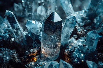 Various crystals scattered on the ground in a close-up view. - obrazy, fototapety, plakaty
