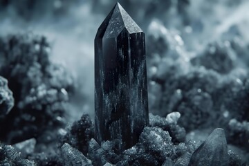 A dark crystal totem standing amongst rugged rocks. - obrazy, fototapety, plakaty