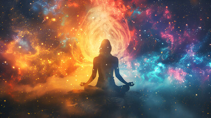 Universe, cosmos. Meditation background, chakras, prana, the mind of God and spirituality, buddha statue in the night Universe cosmos meditation background, Generative Ai - obrazy, fototapety, plakaty