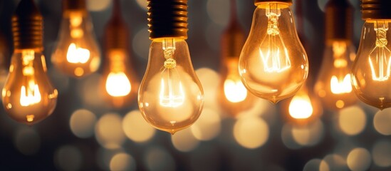 Close-up image of a string of illuminated light bulbs in darkness - Powered by Adobe