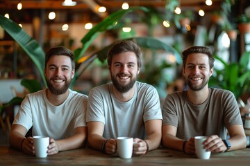 Three ambitious young men are bonding over coffee at a table. - obrazy, fototapety, plakaty