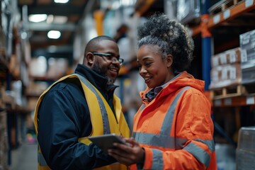 A man and a woman in a warehouse are focused on a tablet device, engrossed in what they are viewing.