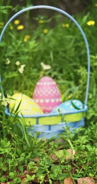 Three bright and vibrant Easter Eggs with intricate carved designs in Easter basket. Slow focus on Easter Eggs hidden in dense grass for Easter Egg hunt.