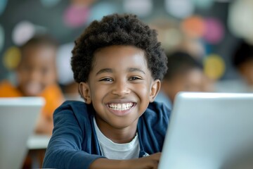 A young African American boy smiles while engrossed in his laptop
