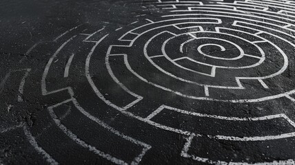 A monochrome, bird's-eye view of a circular labyrinth painted on an asphalt surface