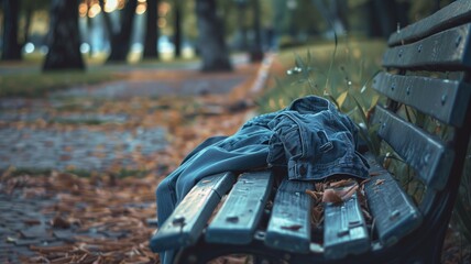 Abandoned denim jacket on a park bench in autumn - Powered by Adobe