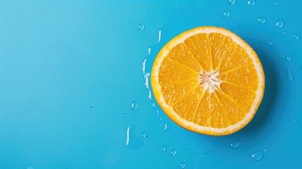 Half of a juicy orange with splashes of water on a vibrant blue background, refreshing and summery