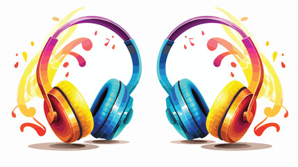 A pair of headphones with sound waves forming a mus - obrazy, fototapety, plakaty
