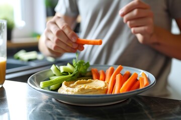 Young man eating carrot stick with hummus dip on the kitchen. Hummus served with raw vegetables on the plate generative ai