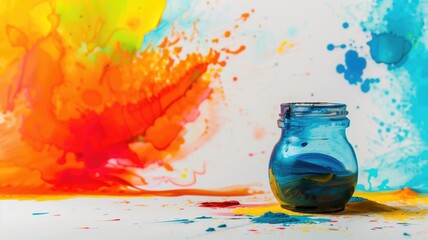 Vibrant colors burst around an ink bottle on white backdrop