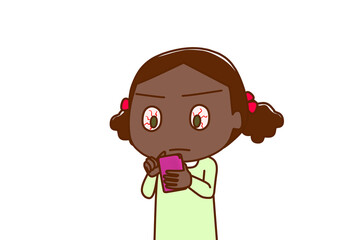 （上半身斜め）スマホの画面を見ながら血眼になって真剣に調べるアフリカ系少女