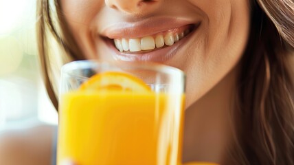 Close-up of a woman smiling with a glass of orange juice in hand
