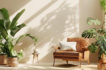 Interior Living Room, Empty Wall Mockup In White Room With Brown Armchair And Green Plants, 3d Render Real Room Template