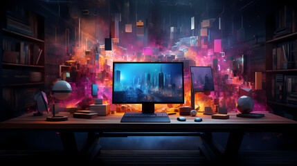 Computer with abstract desktop wallpaper