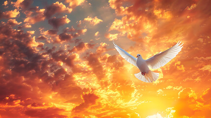 This captivating image portrays a white dove in graceful flight against the backdrop of a sunset sky
