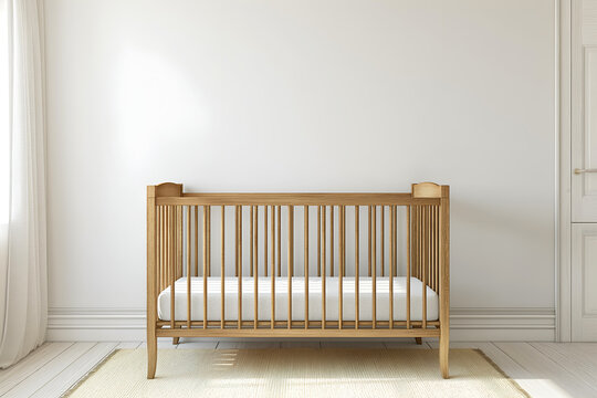 Interior Nursery Room With Baby Cot Bed, Empty Wall Mockup In White Room With Wooden Cot, 3d Render Real Room Template