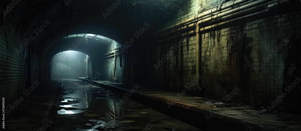 Poster within a dark tunnel constructed using composite material and metal, there is a single light at the 
