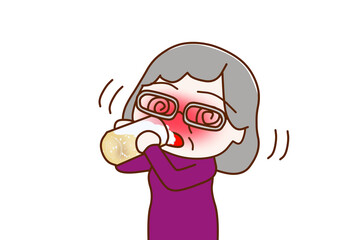 （上半身斜め）酔っ払ってグラグラしながらビールをグビグビ飲んで目が回る高齢の女性