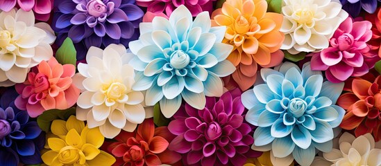 A vibrant assortment of colorful flowers, including blue, pink, and violet blooms, are stacked on a...