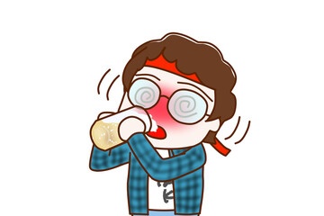 （上半身斜め）酔っ払ってグラグラしながらビールをグビグビ飲んで目が回るメガネをかけたオタク