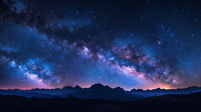 This captivating image portrays a serene and mystical nightscape. The upper part of the image features a night sky adorned with stars of varying sizes