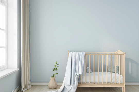 Interior Nursery Room With Baby Cot Bed, Empty Wall Mockup In Blue Room With Wooden Cot And Green Plants, 3d Render Real Room Template