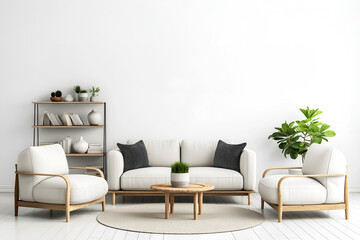 Interior Living Room, Empty Wall Mockup In White Room With White Sofa And Green Plants, 3d Render Real Room Template