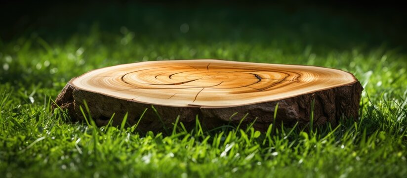 A hardwood stump sits in the grass, surrounded by terrestrial plants. The landscape is enhanced by the natural wood stain of the weathered circle