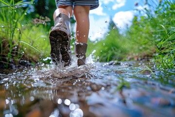 A person in sports shoes walking through a stream of water