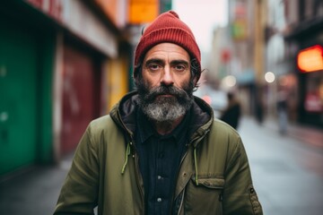Portrait of a bearded hipster man in the city. He is looking at camera.