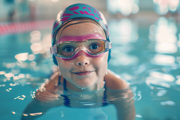 A girl with swim cap and goggles in swimming pool. Child in swimming lesson. Generative AI