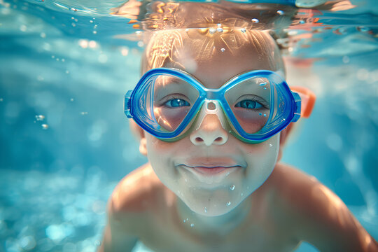 A boy with swim cap and goggles in swimming pool. Child in swimming lesson. Generative AI