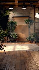 Studio background with various lighting equipment. 3D illustration