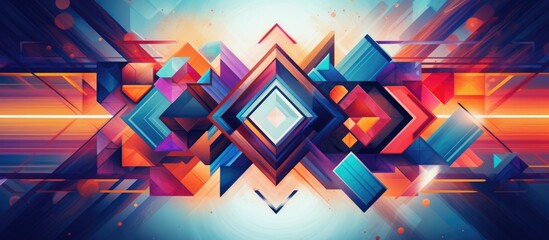 An abstract background featuring a mix of sky blue, purple, and magenta geometric shapes and arrows. The art font creates symmetry with electric blue triangles for an entertaining design - obrazy, fototapety, plakaty