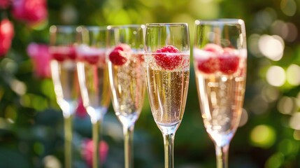 Four glasses of champagne with raspberries in them