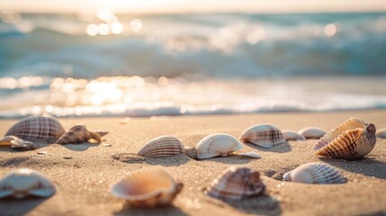 Fototapeta na wymiar Serene Seashells on Beach with Ocean Waves.