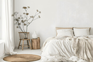 Interior Bedroom, Empty Wall Mockup In White Room With Beige Bed And Decorations, 3d Render Real Room Template