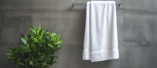 A white towel drapes over a metal towel rack in a bathroom beside a plant. The rectangular window overlooks a tree, grass, and asphalt outside