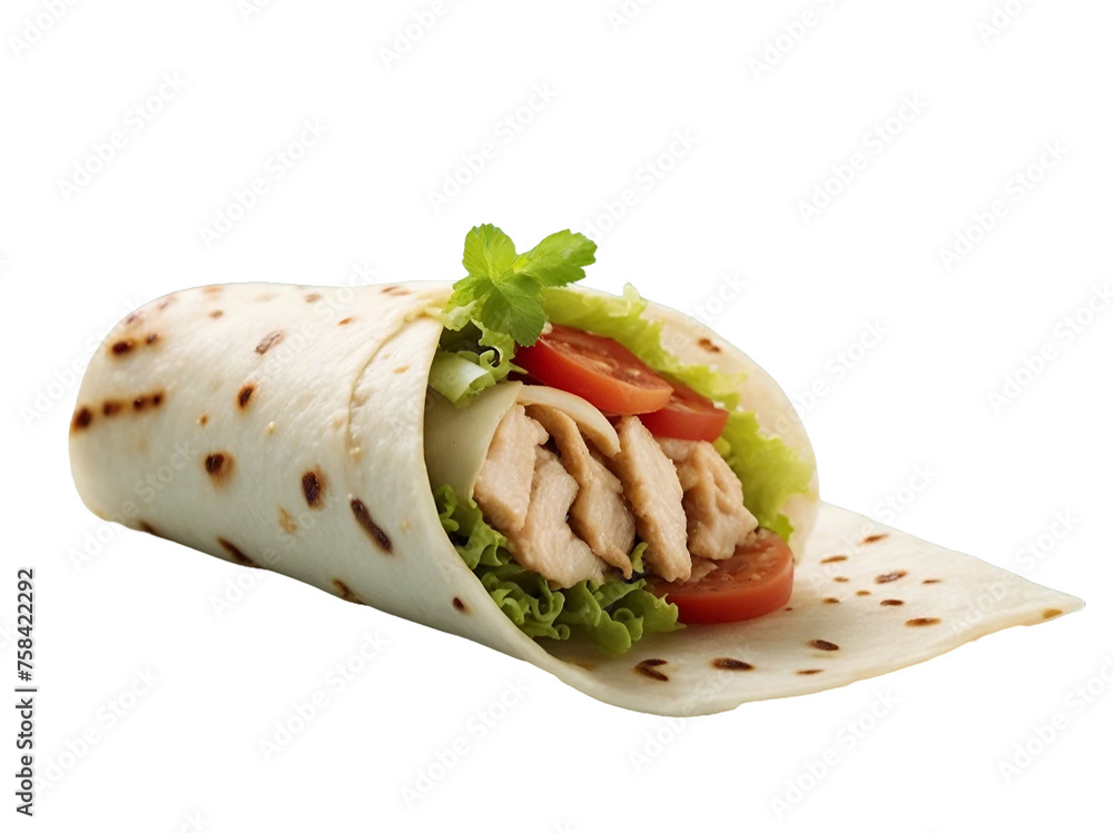 Wall mural Kebab roll vegetable taco tortilla wrap vegetarian food transparent background Ai generated.