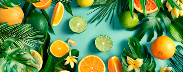 An assortment of fruits, including apples, oranges, bananas, and grapes, artfully arranged on a wooden table, showcasing nature's bounty and the vibrant palette of healthy choices. Banner. Copy space.