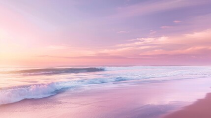 Dawn Breaks over Serene Beach with Pink and Purple Skies.