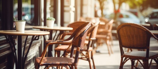 A row of wooden tables and chairs is set up outside the restaurant for an event. The furniture complements the buildings hardwood flooring - obrazy, fototapety, plakaty