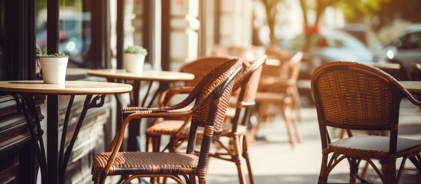 A row of wooden tables and chairs is set up outside the restaurant for an event. The furniture complements the buildings hardwood flooring