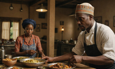 African chef cooking traditional dishes in a vibrant kitchen setting. Africa day event.