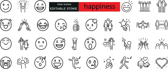 Ensemble d'icônes Joyeuses lignes. Inclut les icônes comme amusant, plaisir, fête, bonne humeur, fête, succès et plus encore.