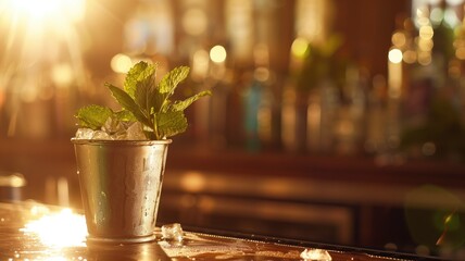 A refreshing mint julep cocktail glistening in the warm golden hour sunlight - obrazy, fototapety, plakaty