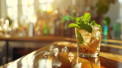 A classic Mint Julep cocktail sits on a wooden bar counter bathed in warm sunlight, with ice cubes scattered around and a refreshing mint garnish - obrazy, fototapety, plakaty